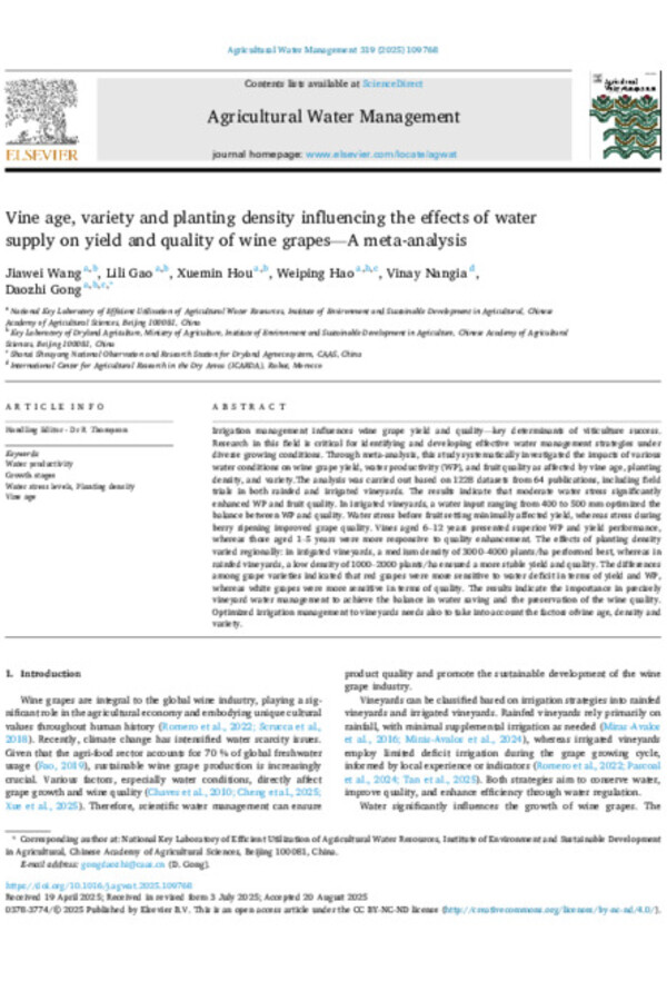 Vine age, variety and planting density influencing the effects of water supply on yield and quality of wine grapes—A meta-analysis