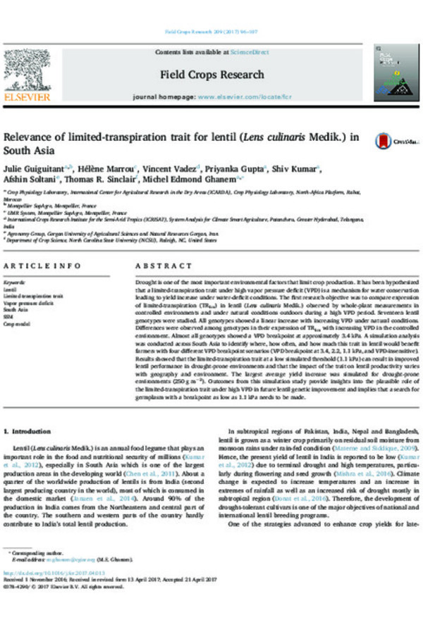 Relevance of limited-transpiration trait for lentil (Lens culinaris Medik.) in South Asia Relevance of limited-transpiration trait for lentil (Lens culinaris Medik.) in South Asia