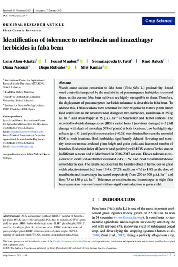 Identification of tolerance to metribuzin and imazethapyr herbicides in faba bean Identification of tolerance to metribuzin and imazethapyr herbicides in faba bean