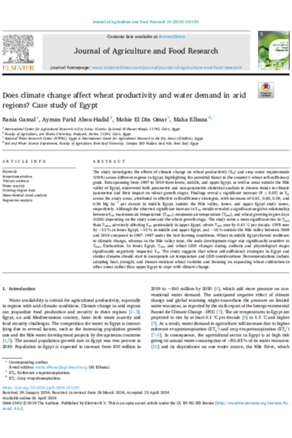Does climate change affect wheat productivity and water demand in arid regions? Case study of Egypt