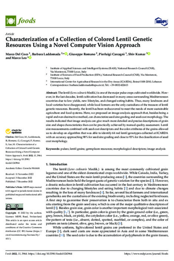 Characterization of a Collection of Colored Lentil Genetic Resources Using a Novel Computer Vision Approach Characterization of a Collection of Colored Lentil Genetic Resources Using a Novel Computer Vision Approach