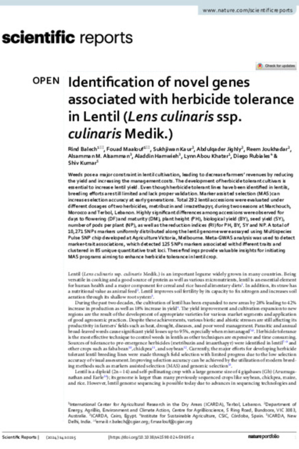 Identification of novel genes associated with herbicide tolerance in Lentil (Lens culinaris ssp. culinaris Medik.) Identification of novel genes associated with herbicide tolerance in Lentil (Lens culinaris ssp. culinaris Medik.)