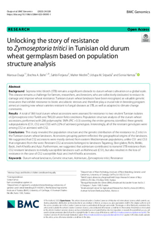 Unlocking the story of resistance to Zymoseptoria tritici in Tunisian old durum wheat germplasm based on population structure analysis