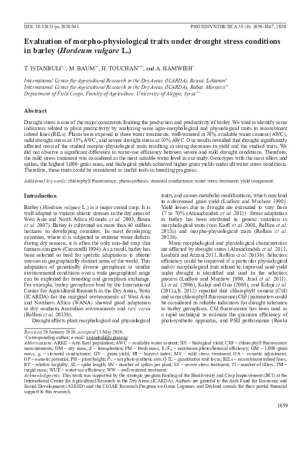 Evaluation of morpho-physiological traits under drought stress conditions in barley (Hordeum vulgare L.) Evaluation of morpho-physiological traits under drought stress conditions in barley (Hordeum vulgare L.)