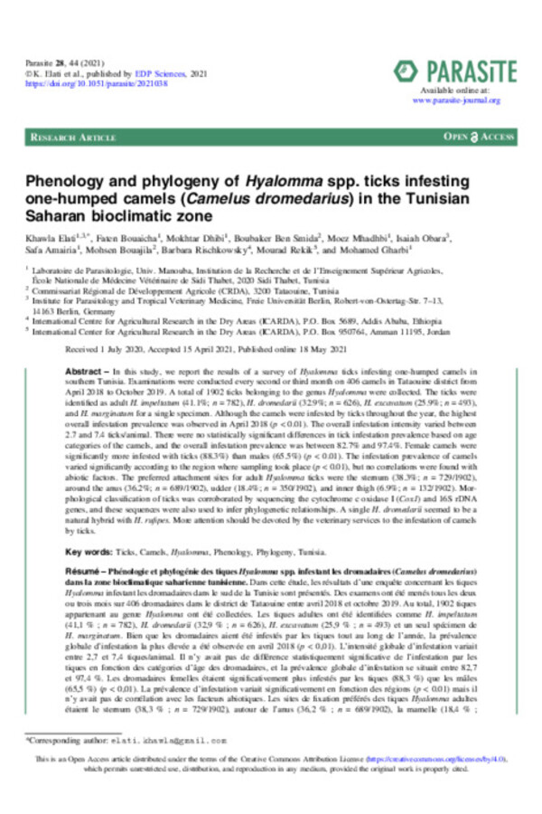 Phenology and phylogeny of Hyalomma spp. ticks infesting one-humped camels (Camelus dromedarius) in the Tunisian Saharan bioclimatic zone