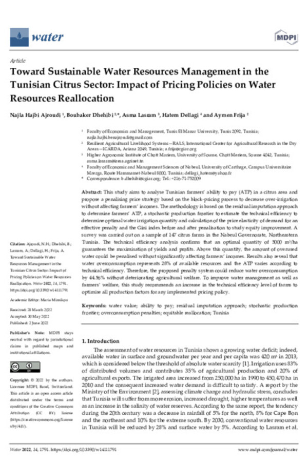 Toward Sustainable Water Resources Management in the Tunisian Citrus Sector: Impact of Pricing Policies on Water Resources Reallocation