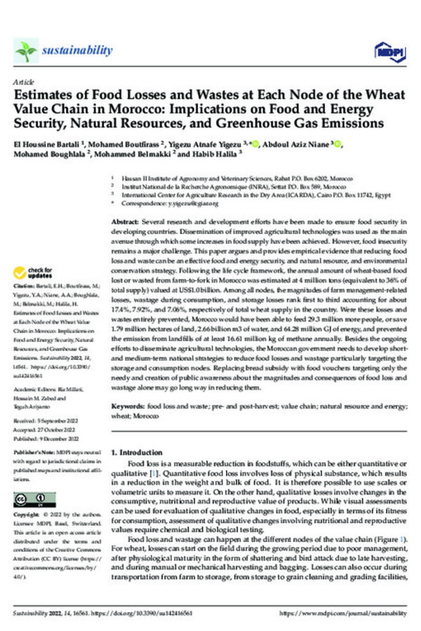 Estimates of Food Losses and Wastes at Each Node of the Wheat Value Chain in Morocco: Implications on Food and Energy Security, Natural Resources, and Greenhouse Gas Emissions