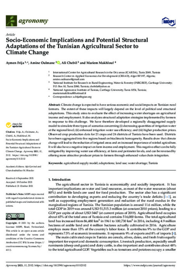 Socio-Economic Implications and Potential Structural Adaptations of the Tunisian Agricultural Sector to Climate Change Socio-Economic Implications and Potential Structural Adaptations of the Tunisian Agricultural Sector to Climate Change