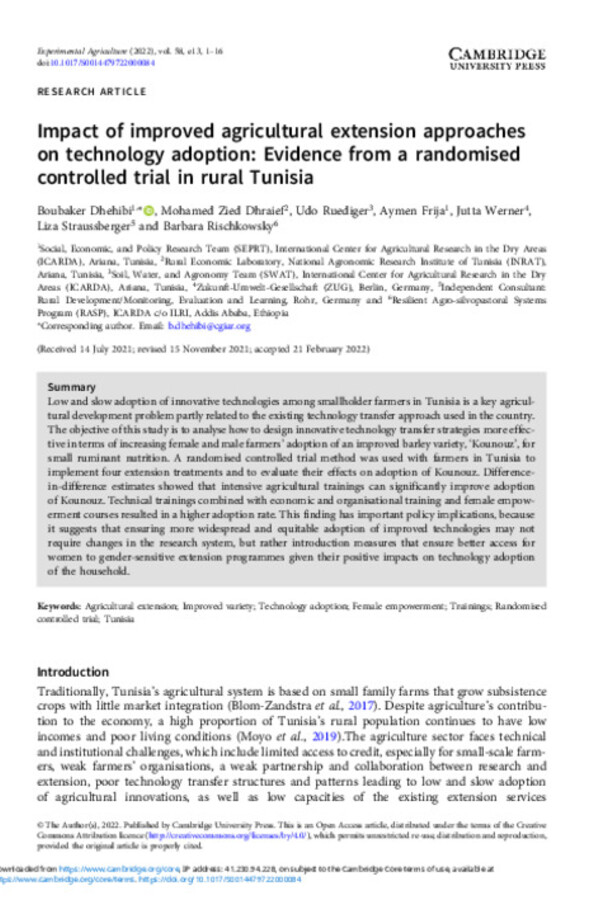 Impact of improved agricultural extension approaches on technology adoption: Evidence from a randomised controlled trial in rural Tunisia