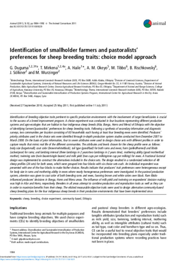 Identification of smallholder farmers and pastoralists’ preferences for sheep breeding traits: choice model approach