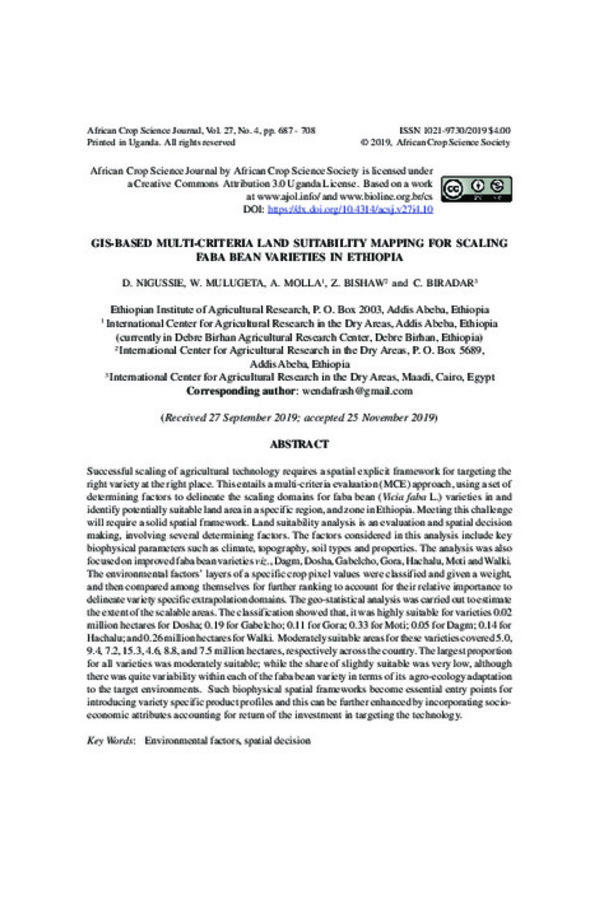 GIS-Based multi-criteria land suitability mapping for scaling faba bean varieties in Ethiopia GIS-Based multi-criteria land suitability mapping for scaling faba bean varieties in Ethiopia