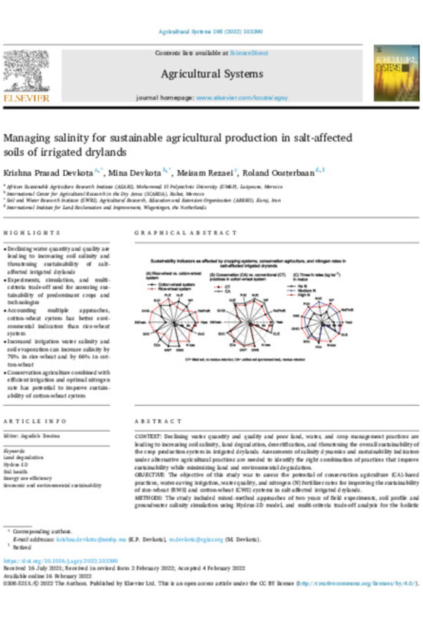 Managing salinity for sustainable agricultural production in salt-affected soils of irrigated drylands