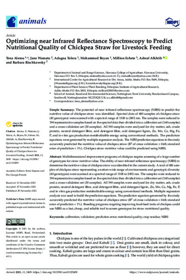 Optimizing near Infrared Reflectance Spectroscopy to Predict Nutritional Quality of Chickpea Straw for Livestock Feeding Optimizing near Infrared Reflectance Spectroscopy to Predict Nutritional Quality of Chickpea Straw for Livestock Feeding