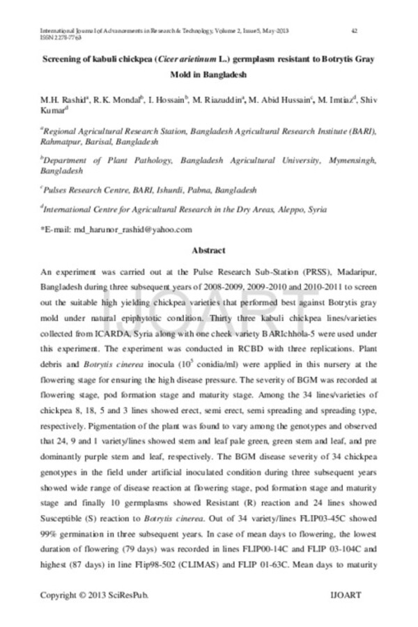 Screening of kabuli chickpea (Cicer arietinum L.) germplasm resistant to Botrytis Gray Mold in Bangladesh Screening of kabuli chickpea (Cicer arietinum L.) germplasm resistant to Botrytis Gray Mold in Bangladesh