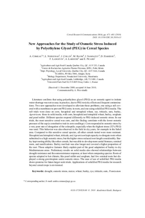New Approaches for the Study of Osmotic Stress Induced by Polyethylene Glycol (PEG) in Cereal Species New Approaches for the Study of Osmotic Stress Induced by Polyethylene Glycol (PEG) in Cereal Species