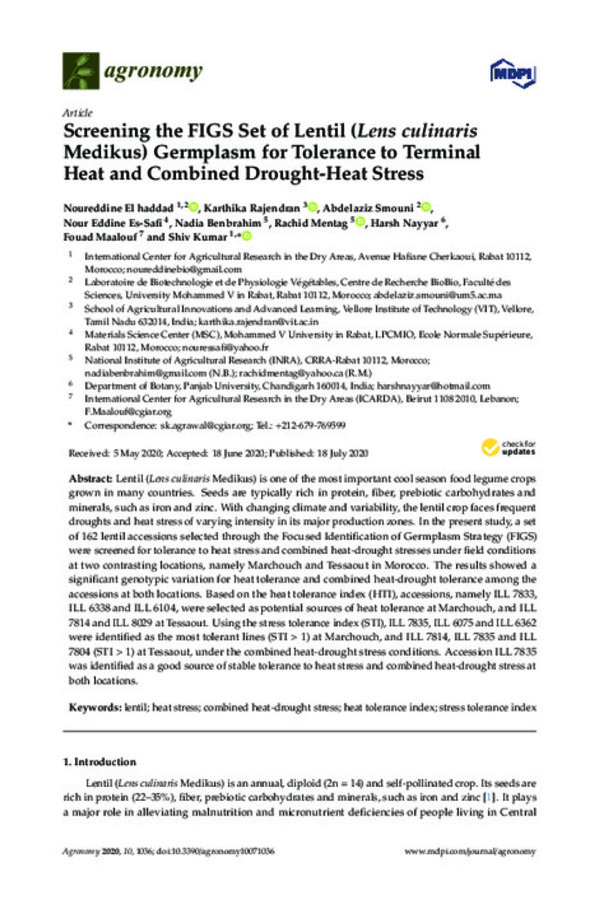Screening the FIGS Set of Lentil (Lens culinaris Medikus) Germplasm for Tolerance to Terminal Heat and Combined Drought-Heat Stress