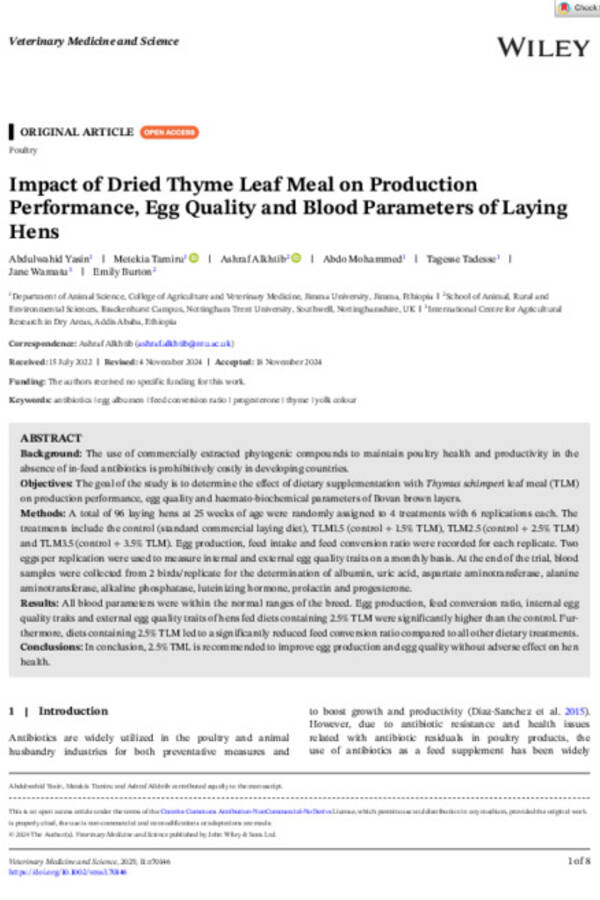 Impact of Dried Thyme Leaf Meal on Production Performance, Egg Quality and Blood Parameters of Laying Hens