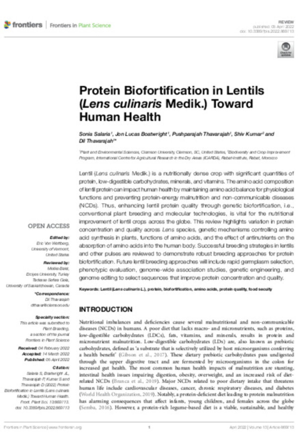 Protein Biofortification in Lentils (Lens culinaris Medik.) Toward Human Health Protein Biofortification in Lentils (Lens culinaris Medik.) Toward Human Health
