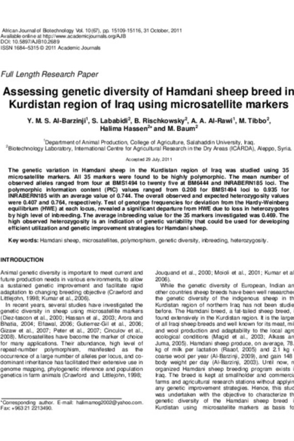Assessing genetic diversity of Hamdani sheep breed in Kurdistan region of Iraq using microsatellite markers Assessing genetic diversity of Hamdani sheep breed in Kurdistan region of Iraq using microsatellite markers