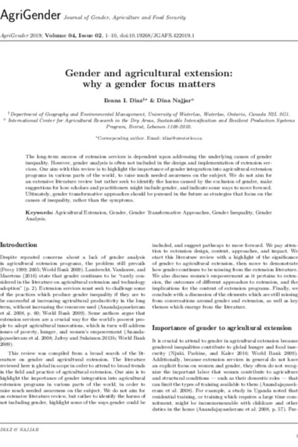 Gender and agricultural extension: why a gender focus matters