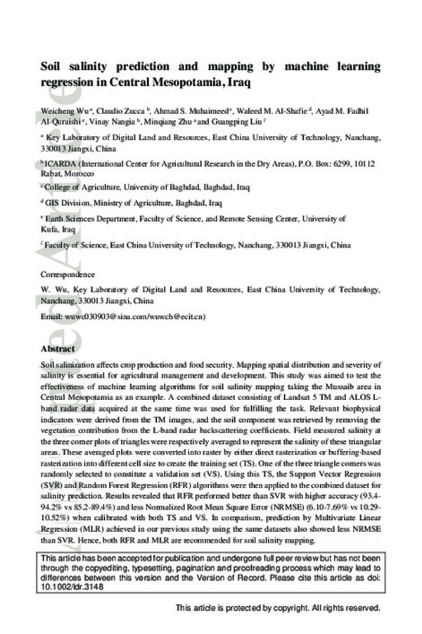 Soil salinity prediction and mapping by machine learning regression in Central Mesopotamia, Iraq Soil salinity prediction and mapping by machine learning regression in Central Mesopotamia, Iraq