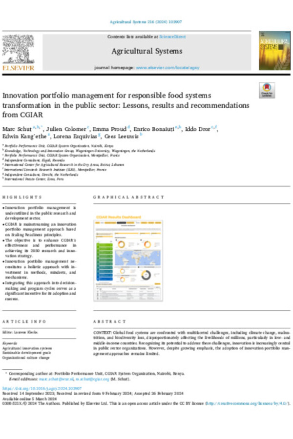 Innovation portfolio management for responsible food systems transformation in the public sector: Lessons, results and recommendations from CGIAR