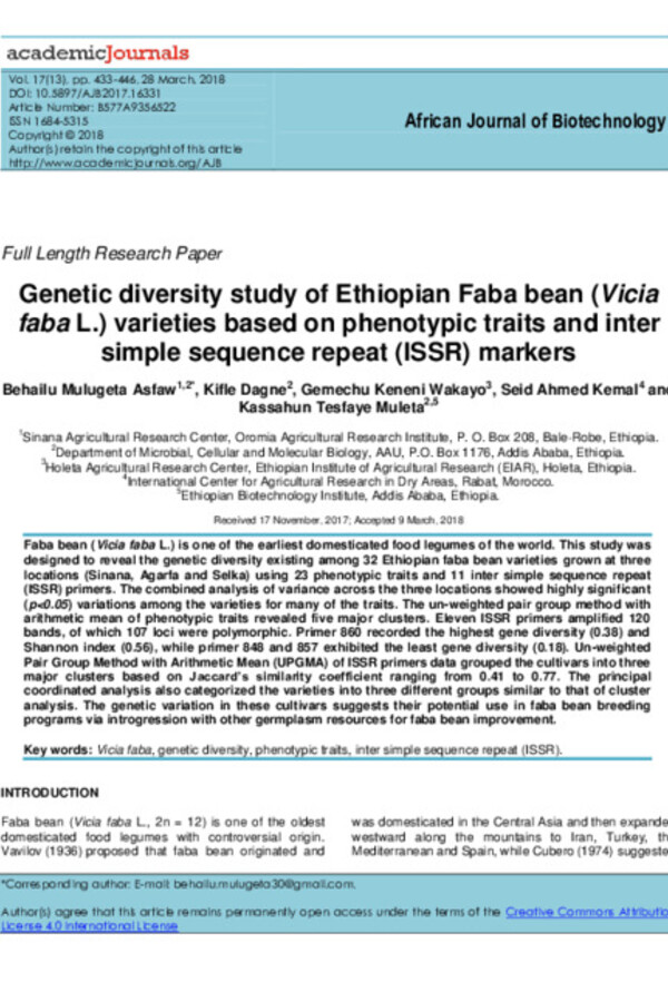 Genetic diversity study of Ethiopian Faba bean (Vicia faba L.) varieties based on phenotypic traits and inter simple sequence repeat (ISSR) markers 