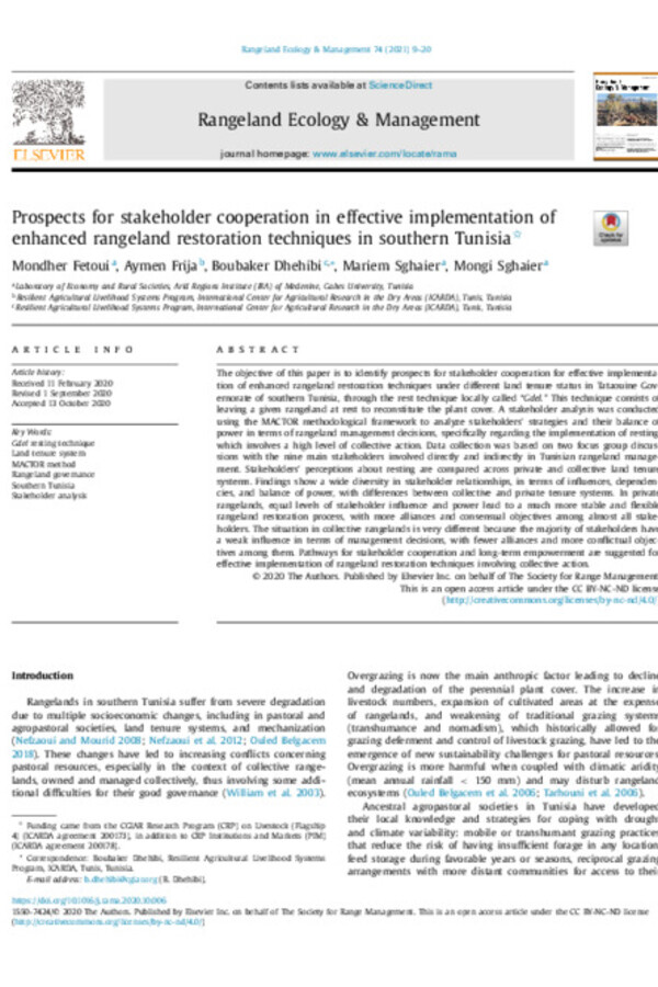 Prospects for stakeholder cooperation in effective implementation of enhanced rangeland restoration techniques in southern Tunisia 