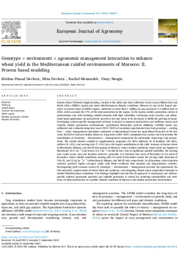 Genotype × environment × agronomic management interaction to enhance  wheat yield in the Mediterranean rainfed environments of Morocco: II.  Process based modeling