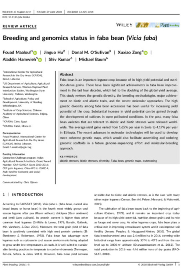 Breeding and genomics status in faba bean (Vicia faba)