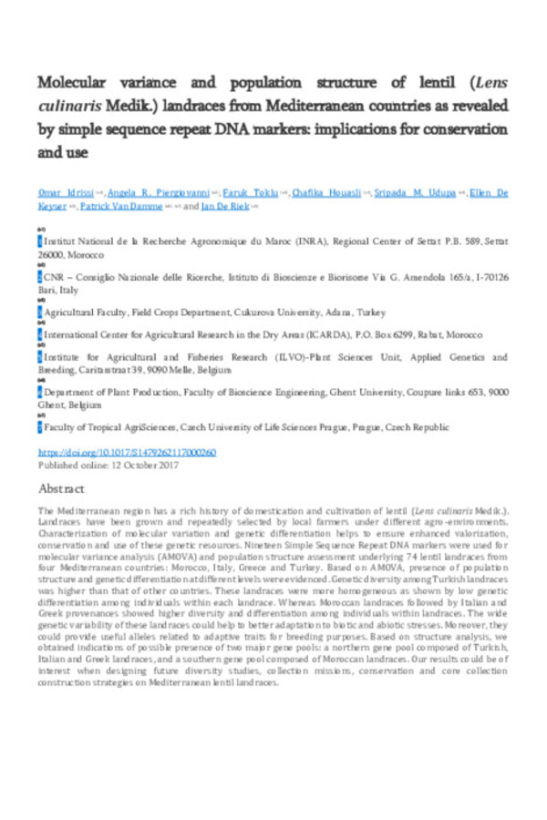 Molecular variance and population structure of lentil (Lens culinaris Medik.) landraces from Mediterranean countries as revealed by simple sequence repeat DNA markers: implications for conservation and use