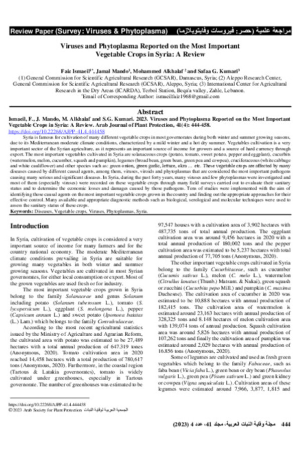 Viruses and Phytoplasma Reported on the Most Important Vegetable Crops in Syria: A Review Viruses and Phytoplasma Reported on the Most Important Vegetable Crops in Syria: A Review