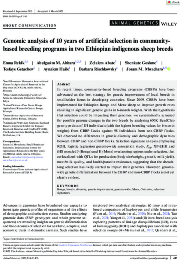 Genomic analysis of 10 years of artificial selection in community-based breeding programs in two Ethiopian indigenous sheep breeds