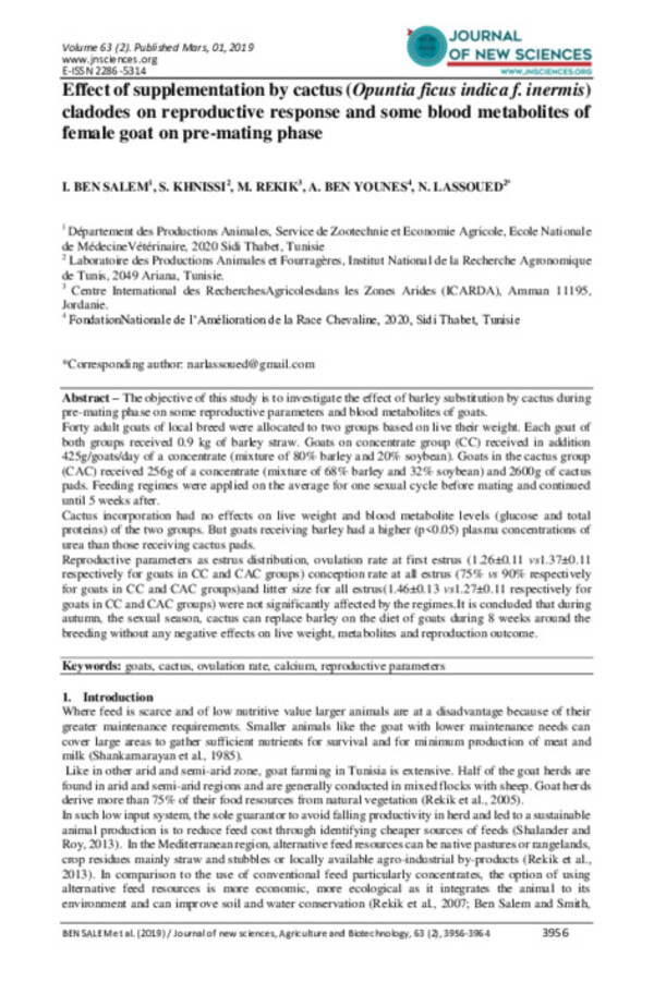 Effect of supplementation by cactus (Opuntia ficus indica f. inermis) cladodes on reproductive response and some blood metabolites of female goat on pre-mating phase