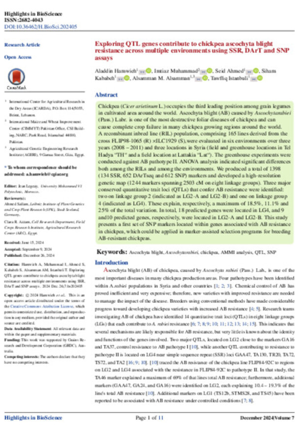 Exploring QTL genes contribute to chickpea ascochyta blight resistance across multiple environments using SSR, DArT and SNP assays Exploring QTL genes contribute to chickpea ascochyta blight resistance across multiple environments using SSR, DArT and SNP assays