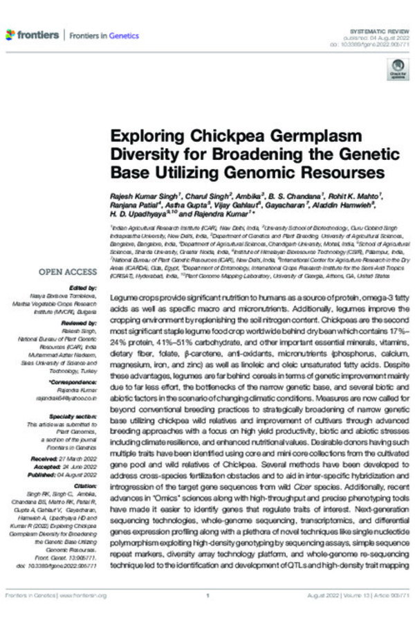 Exploring Chickpea Germplasm Diversity for Broadening the Genetic Base Utilizing Genomic Resourses Exploring Chickpea Germplasm Diversity for Broadening the Genetic Base Utilizing Genomic Resourses