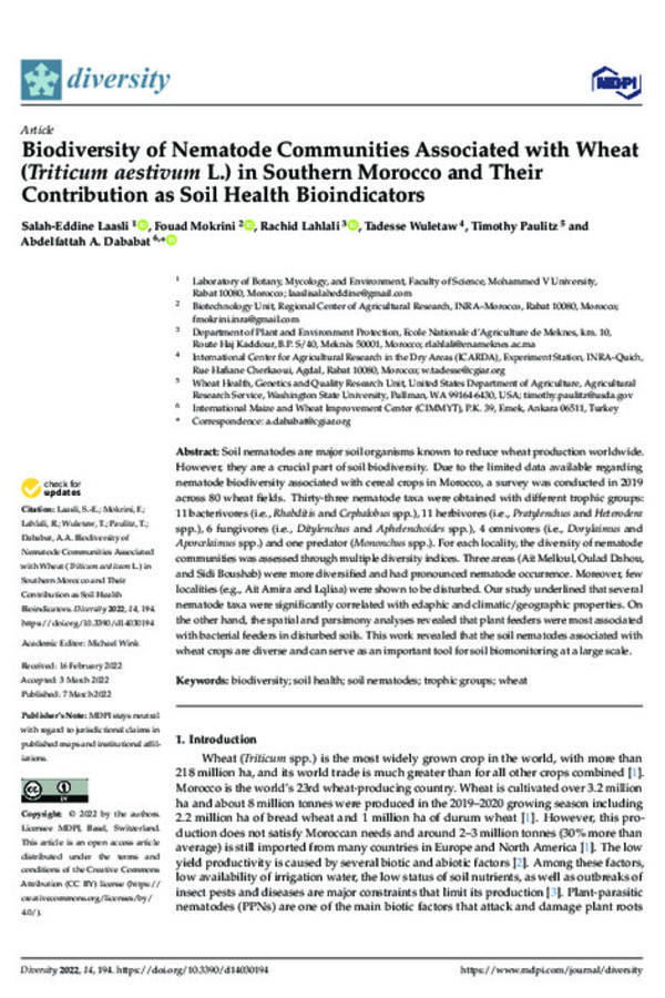 Biodiversity of Nematode Communities Associated with Wheat (Triticum aestivum L.) in Southern Morocco and Their Contribution as Soil Health Bioindicators
