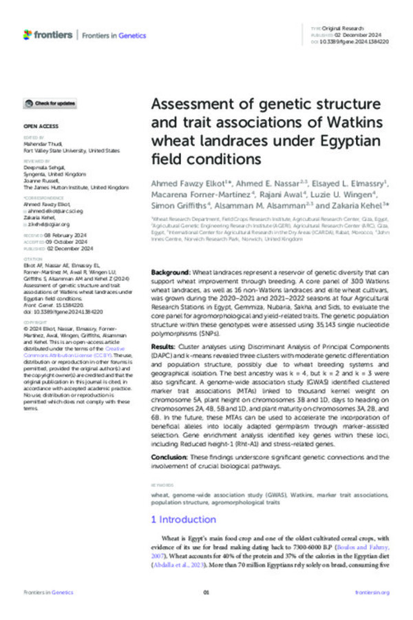 Assessment of genetic structure and trait associations of Watkins wheat landraces under Egyptian field conditions Assessment of genetic structure and trait associations of Watkins wheat landraces under Egyptian field conditions
