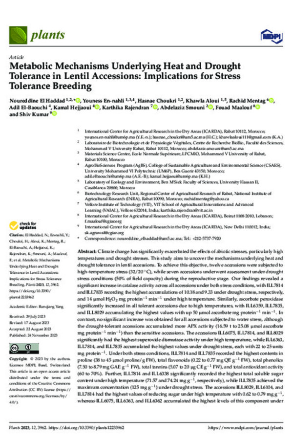 Metabolic Mechanisms Underlying Heat and Drought Tolerance in Lentil Accessions: Implications for Stress Tolerance Breeding Metabolic Mechanisms Underlying Heat and Drought Tolerance in Lentil Accessions: Implications for Stress Tolerance Breeding