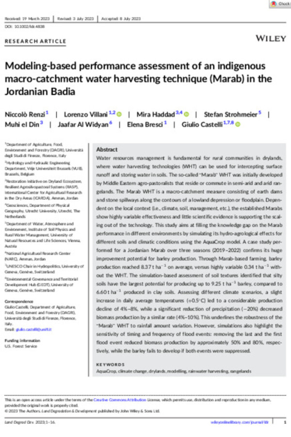 Modeling-based performance assessment of an indigenous macro-catchment water harvesting technique (Marab) in the Jordanian Badia