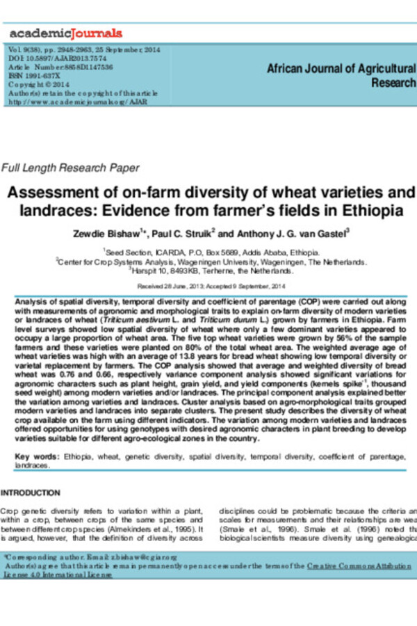 Assessment of on-farm diversity of wheat varieties and landraces: Evidence from farmer’s fields in Ethiopia Assessment of on-farm diversity of wheat varieties and landraces: Evidence from farmer’s fields in Ethiopia