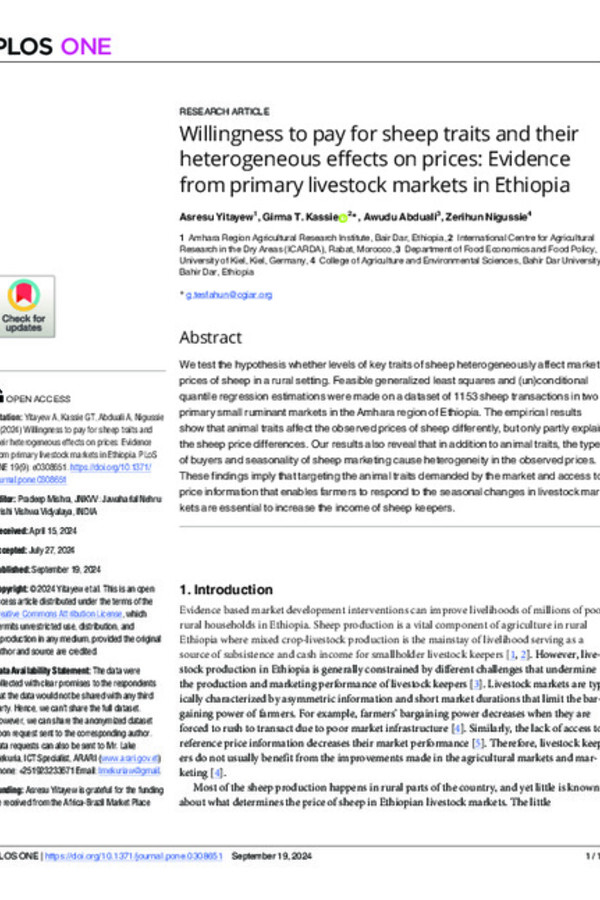 Willingness to pay for sheep traits and their heterogeneous effects on prices: Evidence from primary livestock markets in Ethiopia Willingness to pay for sheep traits and their heterogeneous effects on prices: Evidence from primary livestock markets in Ethiopia