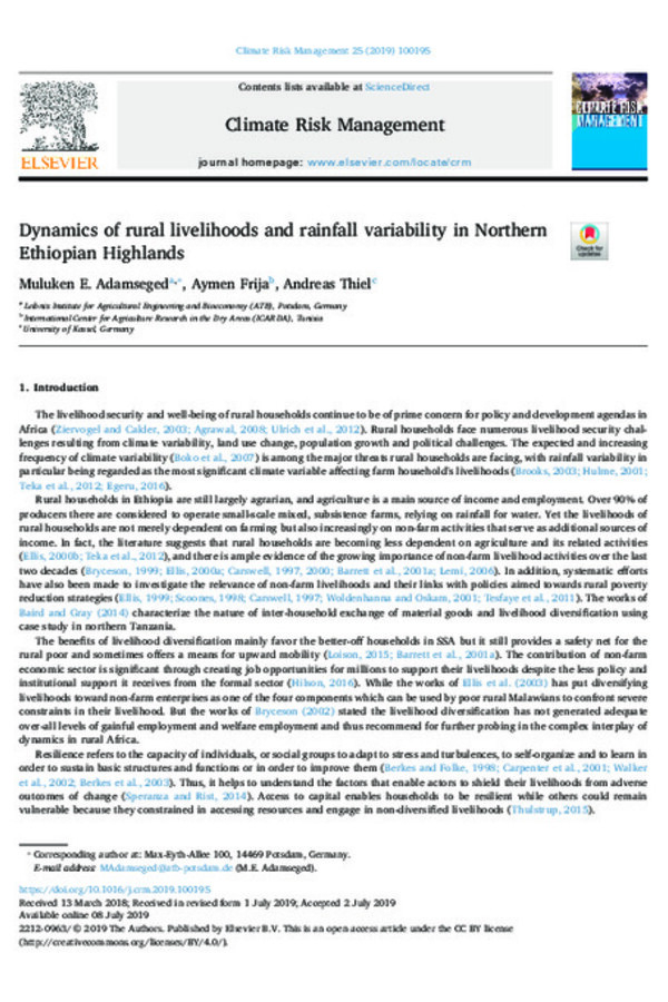 Dynamics of rural livelihoods and rainfall variability in Northern Ethiopian Highlands Dynamics of rural livelihoods and rainfall variability in Northern Ethiopian Highlands