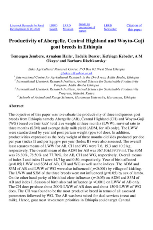 Productivity of Abergelle, Central Highland and Woyto-Guji goat breeds in Ethiopia