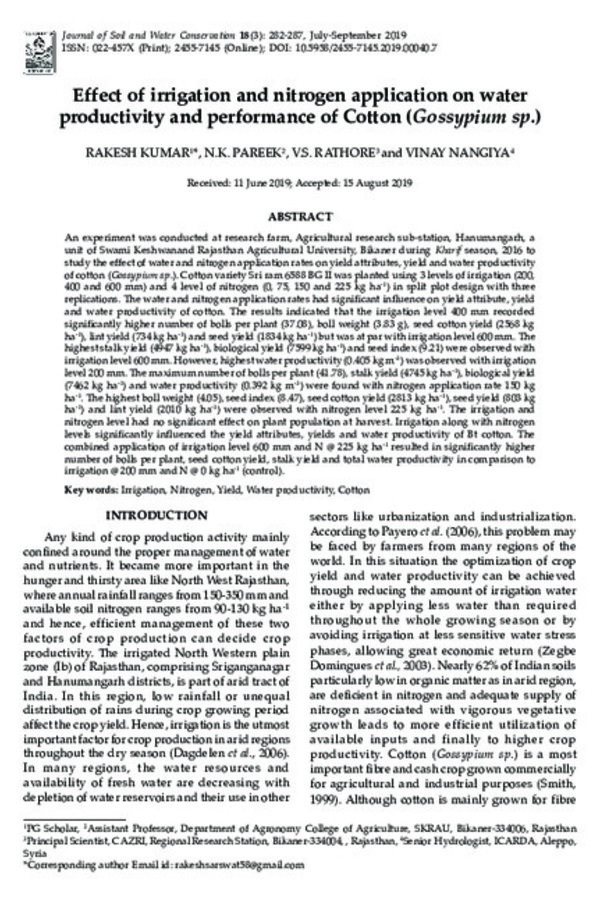 Effect of irrigation and nitrogen application on water productivity and performance of Cotton (Gossypium sp.) Effect of irrigation and nitrogen application on water productivity and performance of Cotton (Gossypium sp.)
