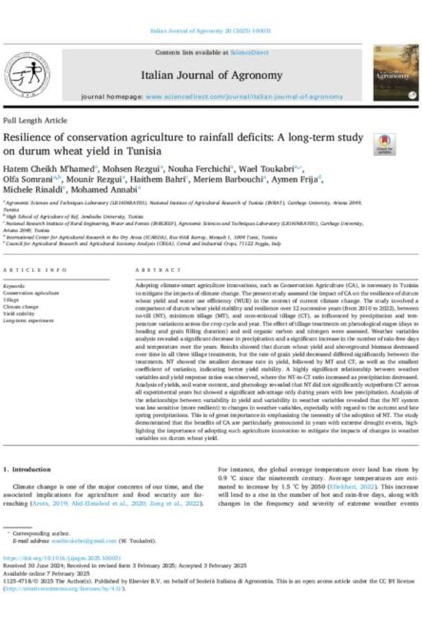 Resilience of conservation agriculture to rainfall deficits: A long-term study on durum wheat yield in Tunisia