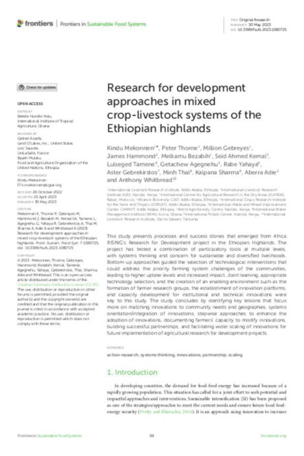 Research for development approaches in mixed crop-livestock systems of the Ethiopian highlands Research for development approaches in mixed crop-livestock systems of the Ethiopian highlands