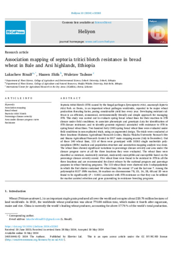 Association mapping of septoria tritici blotch resistance in bread wheat in Bale and Arsi highlands, Ethiopia