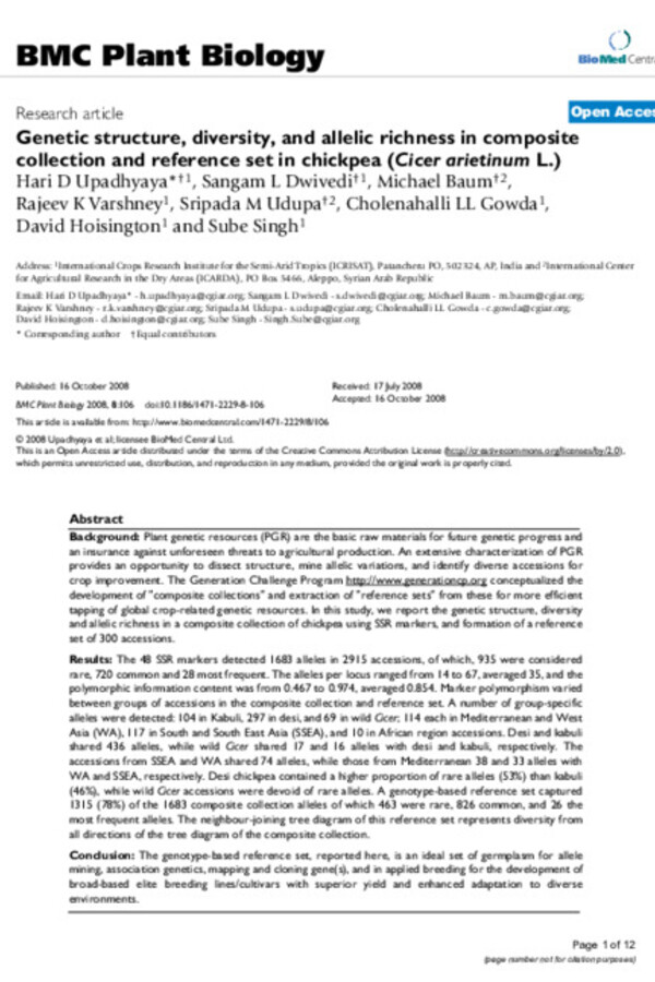 Genetic structure, diversity, and allelic richness in composite collection and reference set in chickpea (Cicer arietinum L.) Genetic structure, diversity, and allelic richness in composite collection and reference set in chickpea (Cicer arietinum L.)
