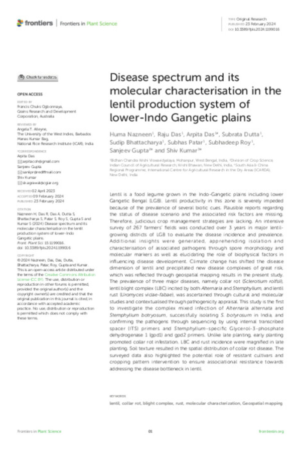 Disease spectrum and its molecular characterisation in the lentil production system of lower-Indo Gangetic plains Disease spectrum and its molecular characterisation in the lentil production system of lower-Indo Gangetic plains